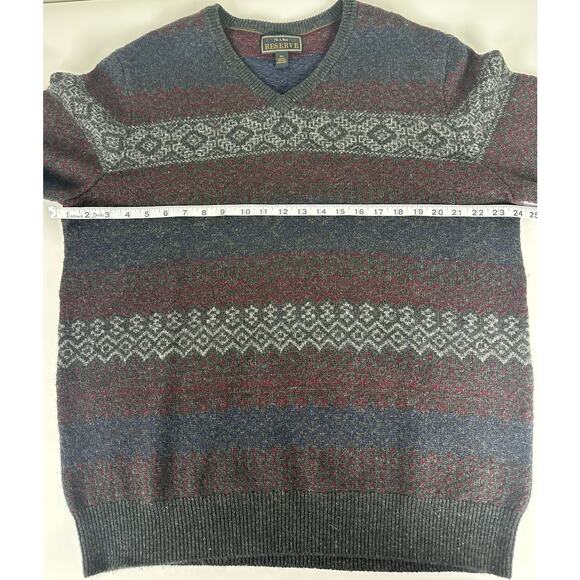 Jos. A Bank Reserve Size XL Fair Isle Wool Sweater V-Neck Gray Winter Holiday - Picture 6 of 8